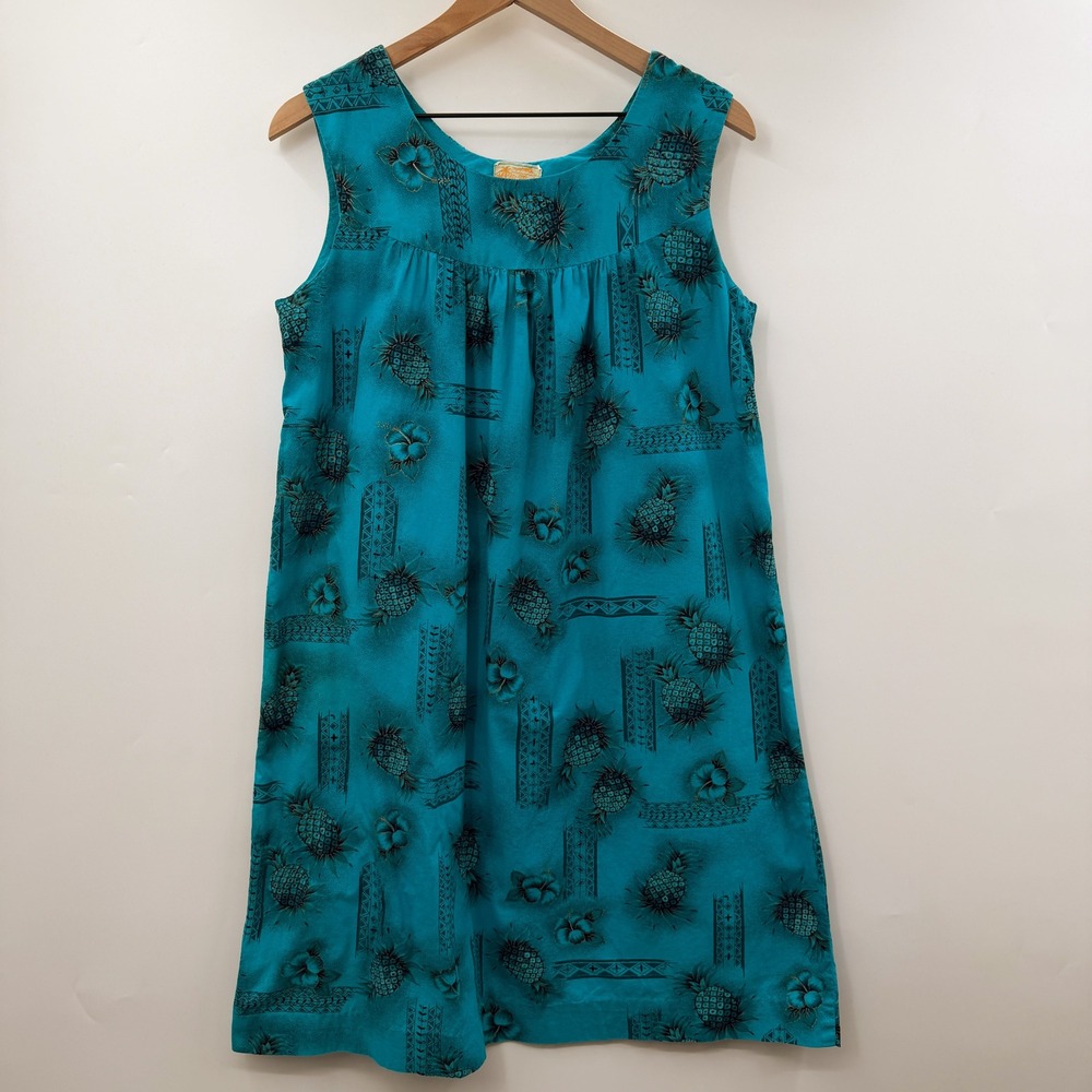 Vintage 60's Ui-Maikai Hawaiian Pineapple Print Short Mumu Dress in Teal Blue